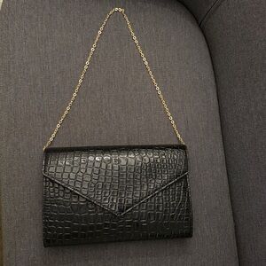 Black Croc Embossed Clutch with Gold Chain